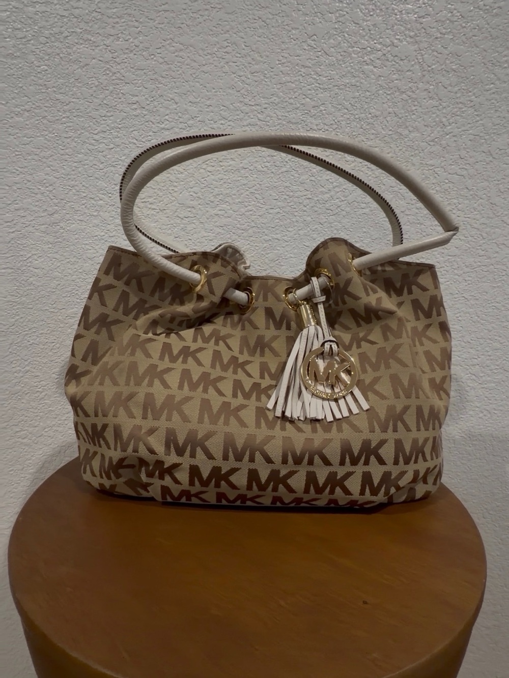 Michael Kors Signature MK Monogram Shoulder Tote Bag Neutral Beige Gold Hardware
